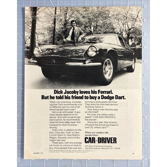 Car & Driver Magazine "Dick Jacoby Loves His ferrari" Vintage Print Ad 1975 - Picture 2 of 3